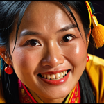 Storyteller with expressive face**

Prompt: Close-up shot, Vietnamese storyteller, dramatic lighting, captivating gaze, warm smile, expressive face, conveying emotion, captivating audience, traditional Vietnamese clothing (optional), vibrant colors, storytelling contest setting.

**