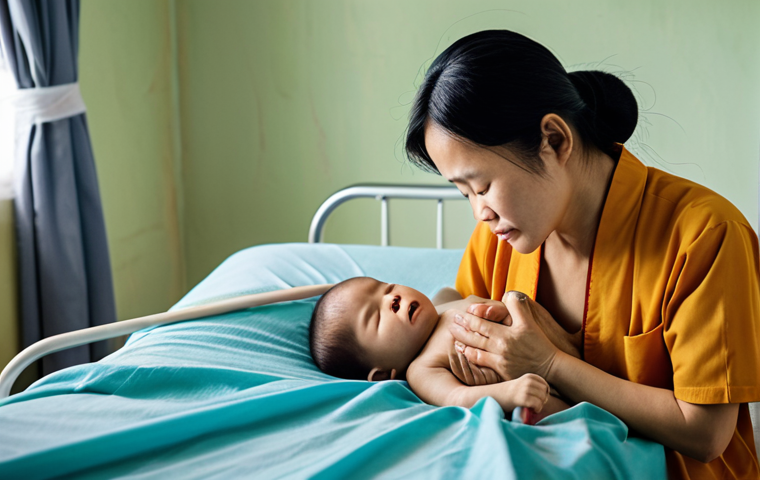 **
A heartwarming scene depicting a poor Vietnamese mother tenderly caring for her sick son in a hospital. Focus on the emotional connection and the mother's unwavering love. Use soft, natural lighting to convey the tenderness of the moment.
**