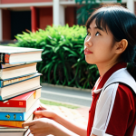 **

A young, enthusiastic Vietnamese student looking thoughtfully at a university campus. Books are piled up beside them, and a film reel is subtly visible in the background. The scene conveys the idea of choosing a path related to storytelling. Bright, hopeful lighting.

**