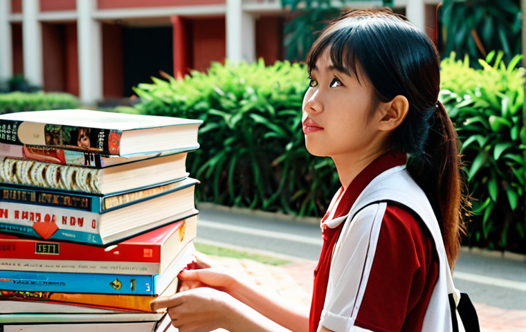 **

A young, enthusiastic Vietnamese student looking thoughtfully at a university campus. Books are piled up beside them, and a film reel is subtly visible in the background. The scene conveys the idea of choosing a path related to storytelling. Bright, hopeful lighting.

**