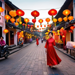 **A vibrant Hoi An street at sunset, filled with colorful lanterns, ao dai-clad women, and food vendors. Capture the warm, inviting atmosphere.**