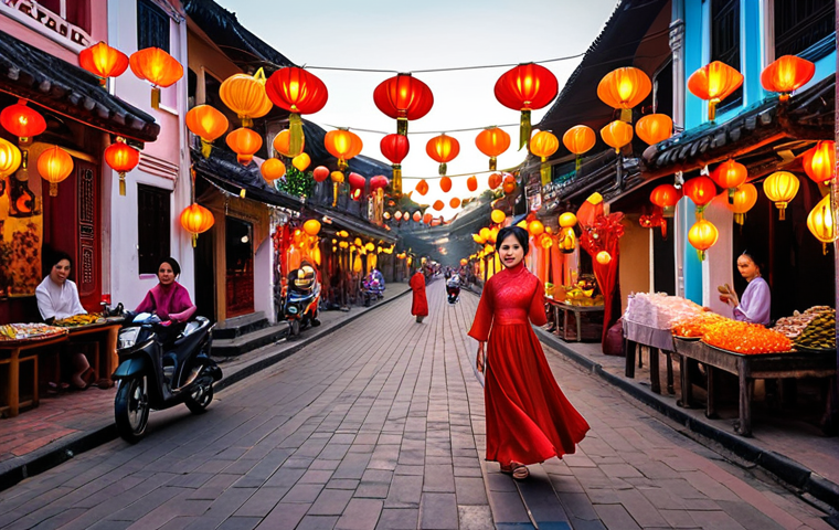 **A vibrant Hoi An street at sunset, filled with colorful lanterns, ao dai-clad women, and food vendors. Capture the warm, inviting atmosphere.**
