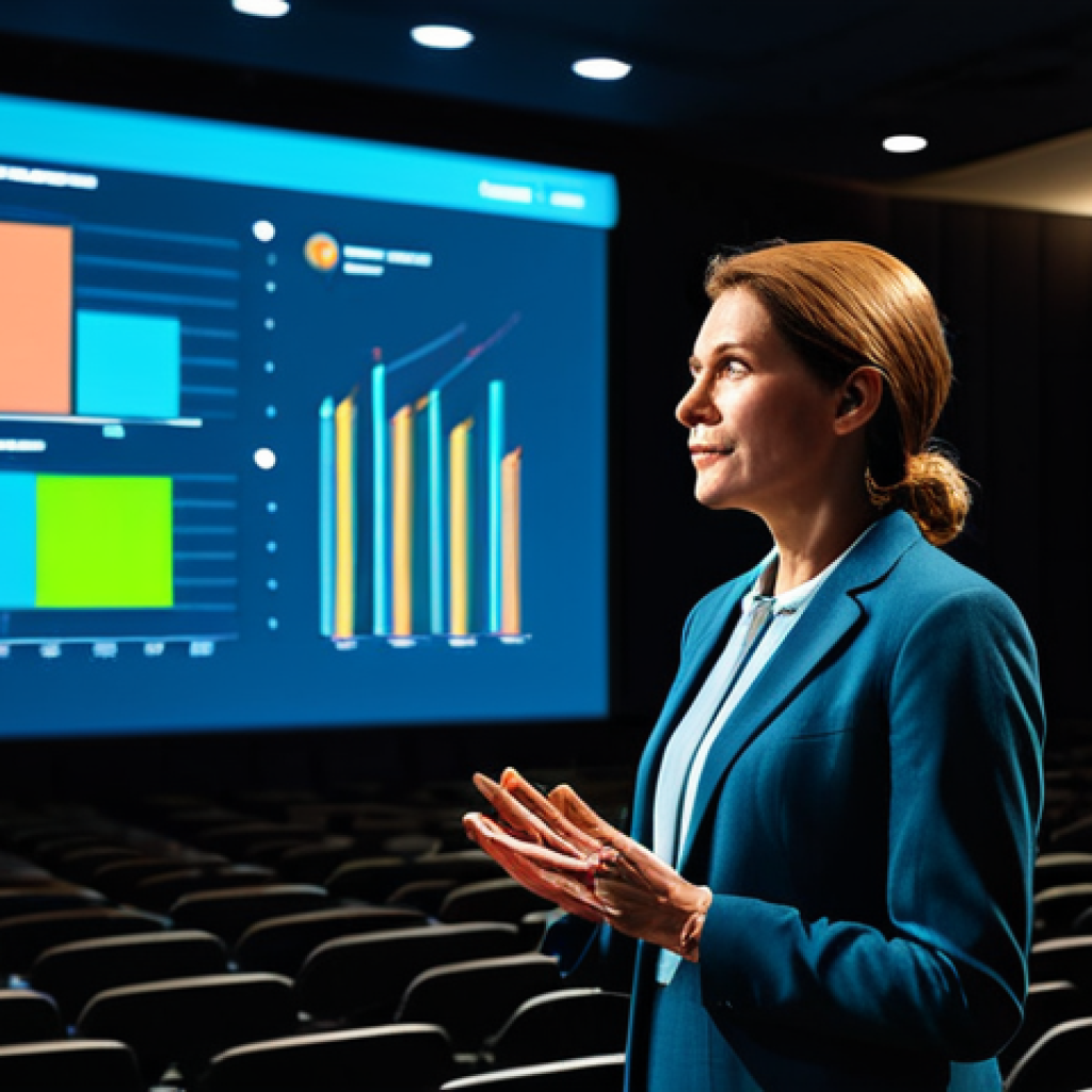 A charismatic professional female storyteller, in a modest business suit and appropriate attire, stands on a modern stage in a bright, minimalist lecture hall. She is engaging a diverse, attentive audience, with subtle glowing digital elements and data visualizations projected behind her, symbolizing the digital age of storytelling. The atmosphere is inspiring and connected. Professional photography, high detail, vibrant colors, soft lighting, perfect anatomy, correct proportions, natural pose, well-formed hands, proper finger count, natural body proportions, fully clothed, safe for work, appropriate content, professional, family-friendly.