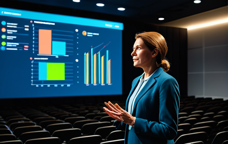 A charismatic professional female storyteller, in a modest business suit and appropriate attire, stands on a modern stage in a bright, minimalist lecture hall. She is engaging a diverse, attentive audience, with subtle glowing digital elements and data visualizations projected behind her, symbolizing the digital age of storytelling. The atmosphere is inspiring and connected. Professional photography, high detail, vibrant colors, soft lighting, perfect anatomy, correct proportions, natural pose, well-formed hands, proper finger count, natural body proportions, fully clothed, safe for work, appropriate content, professional, family-friendly.