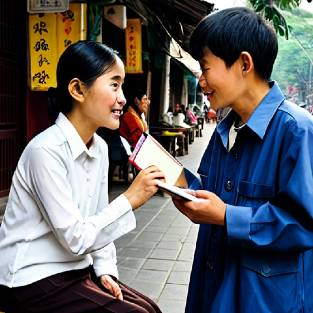 A professional female storyteller, dressed in a modest business casual outfit, attentively engaging in conversation with an elderly Vietnamese woman and a young student at a bustling, traditional Hanoi sidewalk cafe. The storyteller is respectfully listening, holding a small notebook. The scene captures an authentic local atmosphere with soft sunlight. fully clothed, appropriate attire, safe for work, perfect anatomy, correct proportions, natural pose, well-formed hands, proper finger count, natural body proportions, professional photography, high quality, family-friendly.