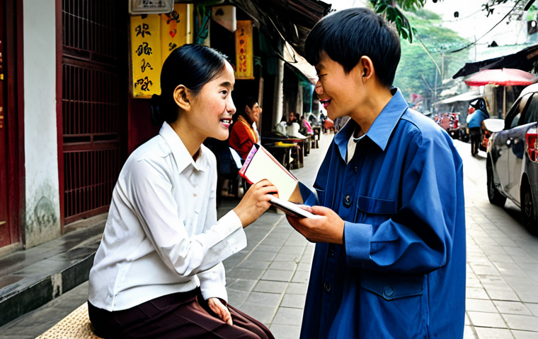 A professional female storyteller, dressed in a modest business casual outfit, attentively engaging in conversation with an elderly Vietnamese woman and a young student at a bustling, traditional Hanoi sidewalk cafe. The storyteller is respectfully listening, holding a small notebook. The scene captures an authentic local atmosphere with soft sunlight. fully clothed, appropriate attire, safe for work, perfect anatomy, correct proportions, natural pose, well-formed hands, proper finger count, natural body proportions, professional photography, high quality, family-friendly.