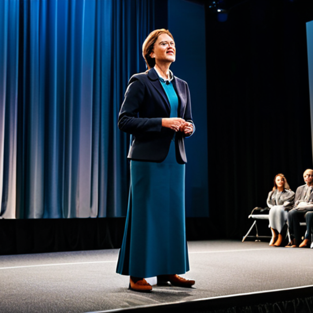 **

A professional storyteller, fully clothed in modest attire, stands on a stage at a business conference, delivering an engaging presentation. The background features a modern conference hall with focused attendees. Perfect anatomy, correct proportions, well-formed hands, natural pose, professional lighting, safe for work, appropriate content, modest, family-friendly.

**