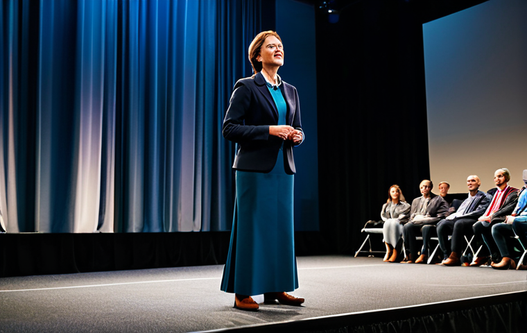 **
A professional storyteller, fully clothed in modest attire, stands on a stage at a business conference, delivering an engaging presentation. The background features a modern conference hall with focused attendees. Perfect anatomy, correct proportions, well-formed hands, natural pose, professional lighting, safe for work, appropriate content, modest, family-friendly.
**