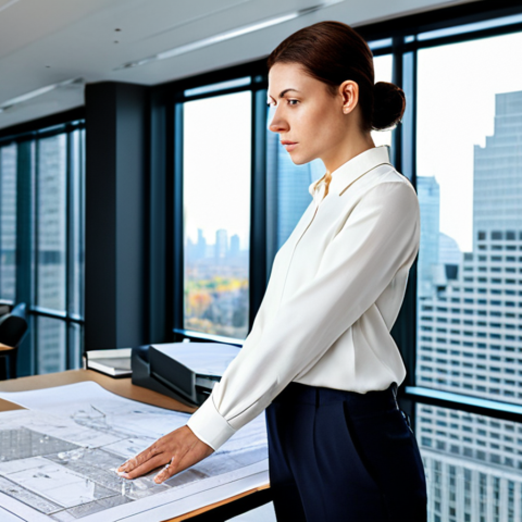 A Professional Architect at Work**

"A professional female architect, fully clothed in a modest blouse and tailored trousers, standing in a bright, modern architectural office. She is reviewing blueprints with a focused expression. Large windows overlook a bustling city skyline. Soft, natural lighting. Safe for work, appropriate content, professional, perfect anatomy, correct proportions, well-formed hands, proper finger count, natural pose, high quality, realistic."

**