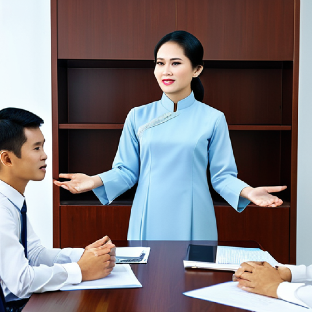 **

A professional woman in a modest ao dai, presenting to a team in a modern Ho Chi Minh City office. Appropriate attire, safe for work. Perfect anatomy, natural pose, well-formed hands. Modern, family-friendly, high quality.

**