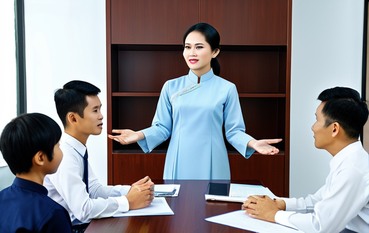 **
A professional woman in a modest ao dai, presenting to a team in a modern Ho Chi Minh City office. Appropriate attire, safe for work. Perfect anatomy, natural pose, well-formed hands. Modern, family-friendly, high quality.
**