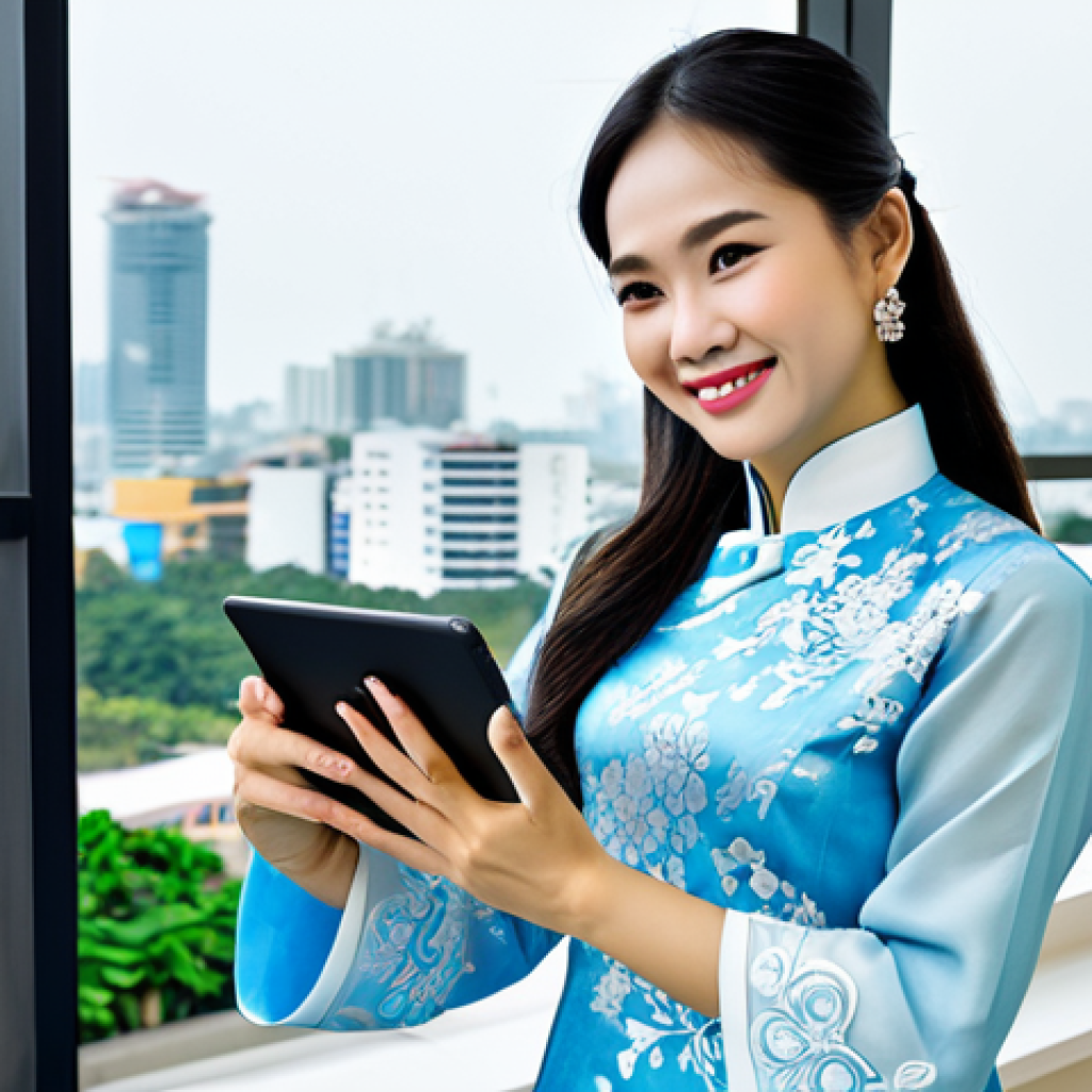 Thriving Vietnamese Entrepreneur**

A professional businesswoman, wearing an elegant Ao Dai (traditional Vietnamese dress) in a modern office overlooking Ho Chi Minh City, fully clothed, appropriate attire, safe for work, perfect anatomy, natural proportions, professional photography, high quality. She is smiling confidently and holding a tablet, showcasing a business presentation. Family-friendly content.

**