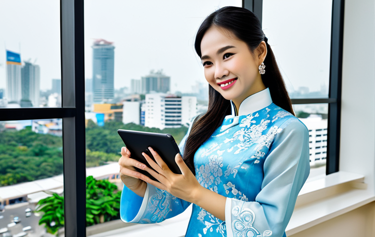 Thriving Vietnamese Entrepreneur**
A professional businesswoman, wearing an elegant Ao Dai (traditional Vietnamese dress) in a modern office overlooking Ho Chi Minh City, fully clothed, appropriate attire, safe for work, perfect anatomy, natural proportions, professional photography, high quality. She is smiling confidently and holding a tablet, showcasing a business presentation. Family-friendly content.
**