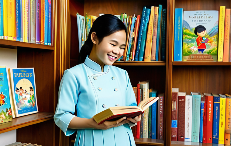 스토리텔러 실기 시험의 핵심 주제 - The Storyteller's Preparation**
A young, enthusiastic Vietnamese woman, fully clothed in ao dai, ca...