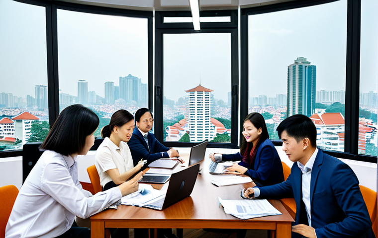 스토리텔러가 참여한 글로벌 프로젝트 성공 사례 - **Prompt:** "A diverse team of Vietnamese and international professionals collaborating around a tab...
