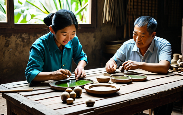 스토리텔러 관련 자격증 비교 - **A Vietnamese artisan in a traditional workshop, crafting water puppets. Fully clothed, appropriate...