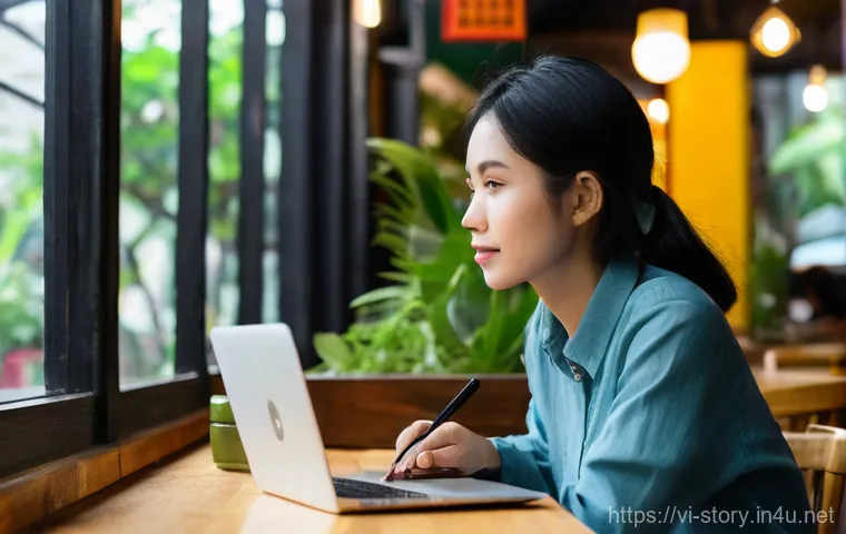 스토리텔러가 많이 하는 실수 - **Prompt:** A young Vietnamese female writer, in her late 20s, with short dark hair, sits at a moder...