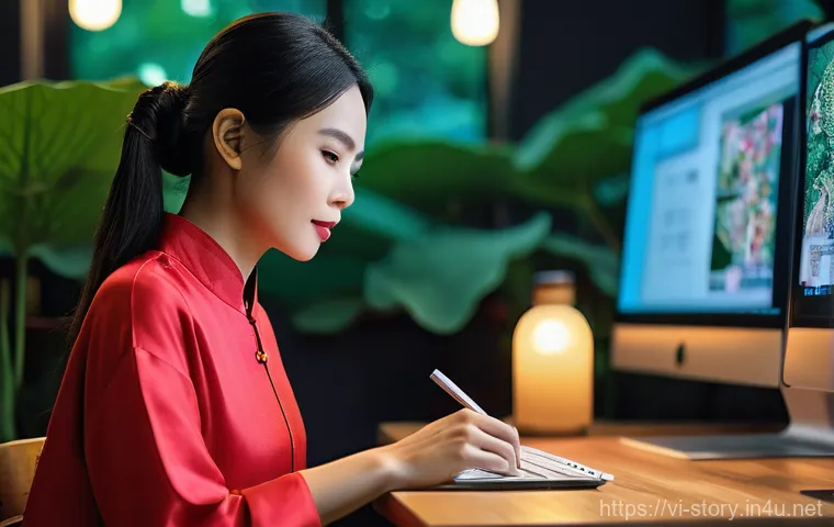 스토리텔러가 주목해야 할 콘텐츠 제작 도구 - **A creative Vietnamese content creator at a modern desk, surrounded by technology, expertly harness...