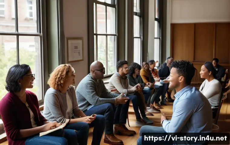 스토리텔러 관련 학위 및 학위 과정 - **Prompt 1: The Heart of Storytelling Connection**
"A diverse group of adults, fully clothed in ...