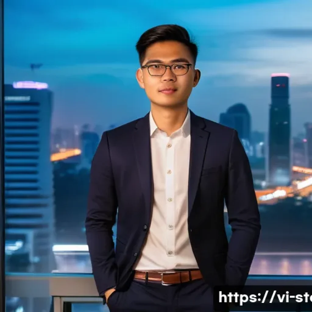 스토리텔러로 성공한 유명인 사례 - A young Vietnamese entrepreneur in casual business attire, standing confidently in a modern office w...