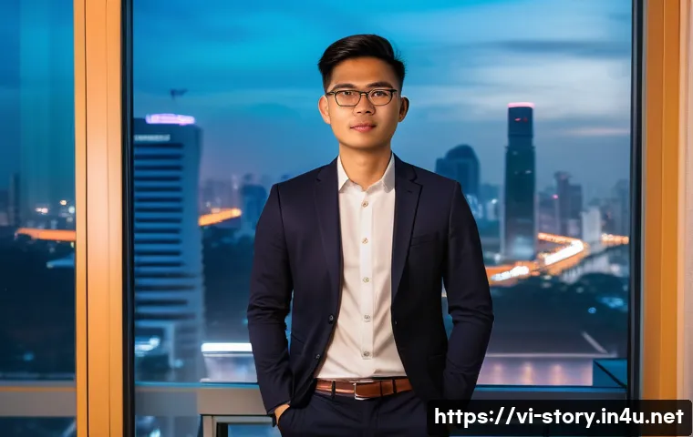 스토리텔러로 성공한 유명인 사례 - A young Vietnamese entrepreneur in casual business attire, standing confidently in a modern office w...