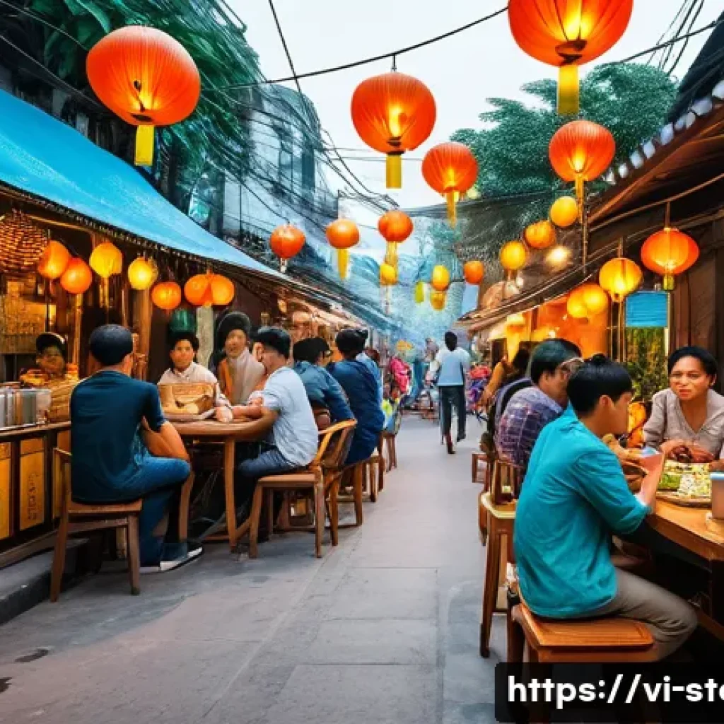 스토리텔러가 주목해야 할 콘텐츠 마케팅 동향 - A vibrant and dynamic Vietnamese urban scene showcasing young content creators filming short videos ...