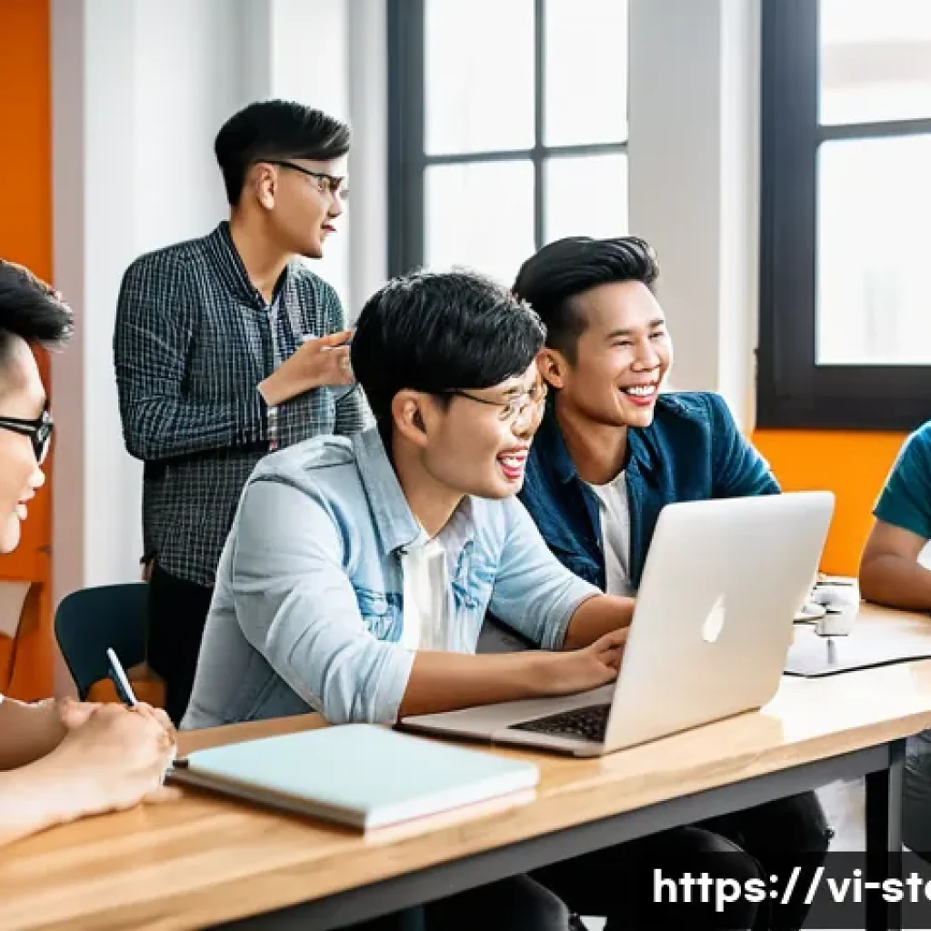 스토리텔러의 네트워크 활용 사례 - A diverse group of young Vietnamese storytellers gathered in a cozy, modern coworking space, engagin...
