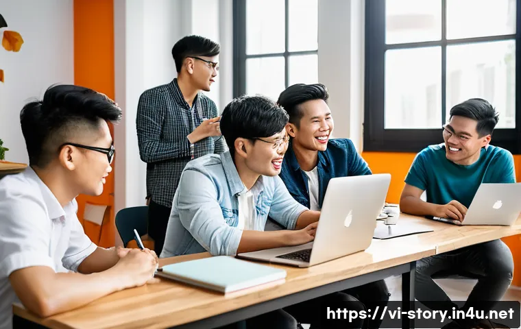 스토리텔러의 네트워크 활용 사례 - A diverse group of young Vietnamese storytellers gathered in a cozy, modern coworking space, engagin...