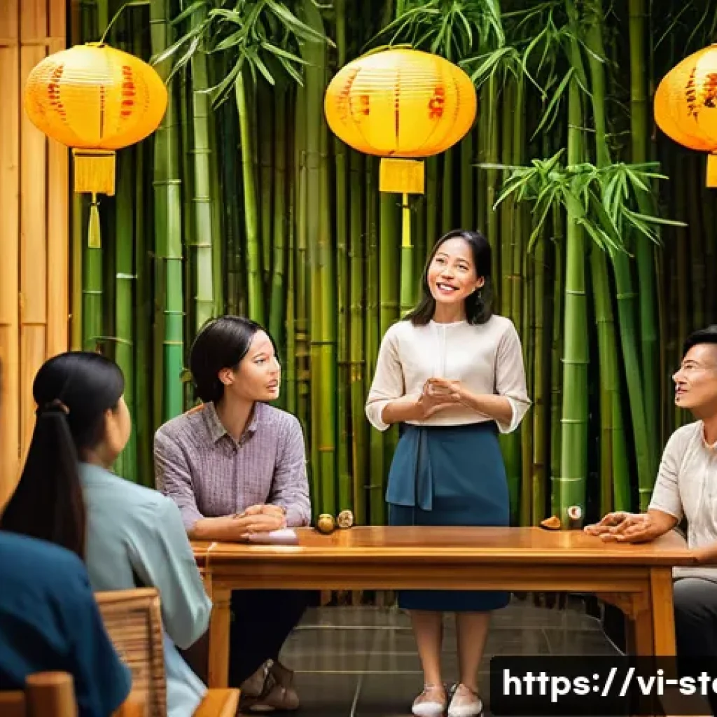 스토리텔러로서의 성공 비법과 사례 - A modern Vietnamese storytelling workshop scene with diverse adults attentively listening to a confi...