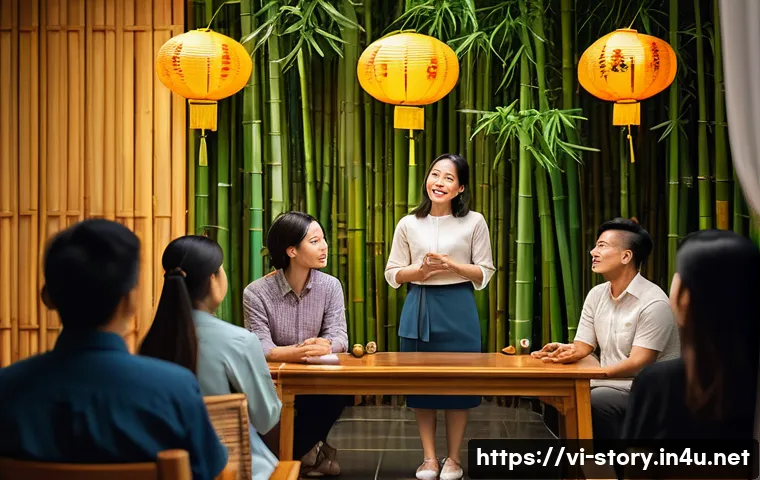 스토리텔러로서의 성공 비법과 사례 - A modern Vietnamese storytelling workshop scene with diverse adults attentively listening to a confi...
