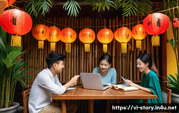 스토리텔러의 성장 기록 방법 - A vibrant Vietnamese storyteller workshop scene set in a cozy, modern café in Hanoi, featuring a div...