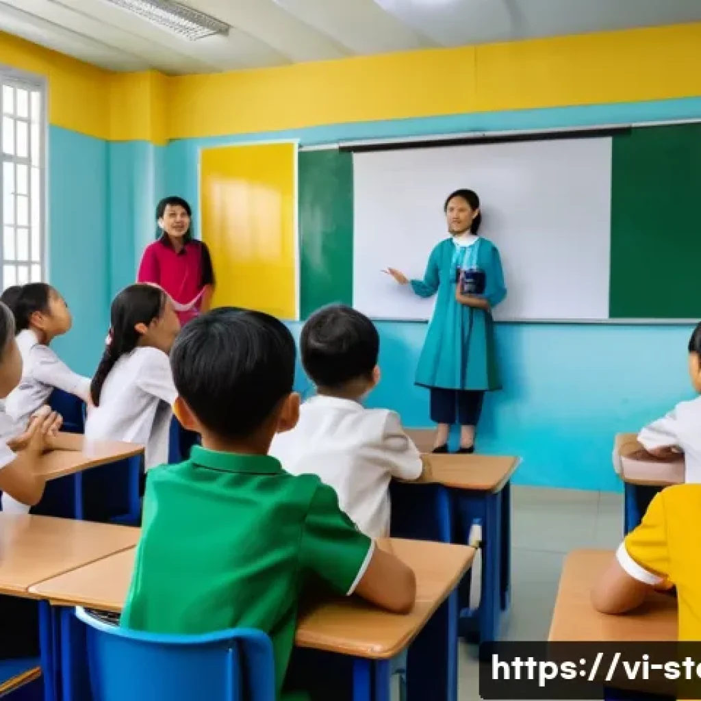 스토리텔러 자격증과 관련된 글로벌 사례 연구와 전략 분석 - A vibrant classroom scene in a modern Vietnamese school where a diverse group of children aged 8-12 ...