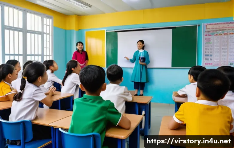스토리텔러 자격증과 관련된 글로벌 사례 연구와 전략 분석 - A vibrant classroom scene in a modern Vietnamese school where a diverse group of children aged 8-12 ...