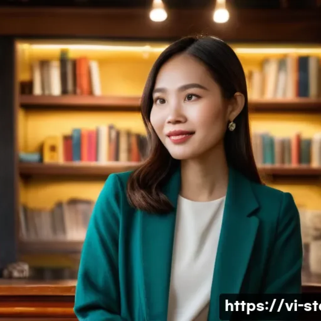 스토리텔러 직무 적성 테스트 - A confident Vietnamese female storyteller in her late 20s standing on a small stage in a cozy cafe s...