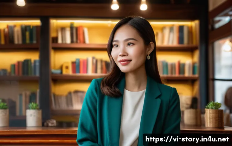 스토리텔러 직무 적성 테스트 - A confident Vietnamese female storyteller in her late 20s standing on a small stage in a cozy cafe s...