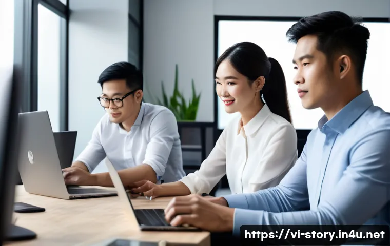 스토리텔러 자격증의 실질적 가치 분석 - A professional Vietnamese marketing team in a modern office setting collaborating on a storytelling ...