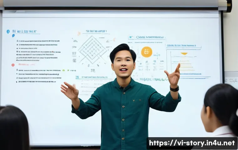 스토리텔러 실기 시험의 주요 평가 요소와 전략 분석과 연구 - A dynamic scene of a young Vietnamese storyteller in a modern classroom setting, passionately narrat...