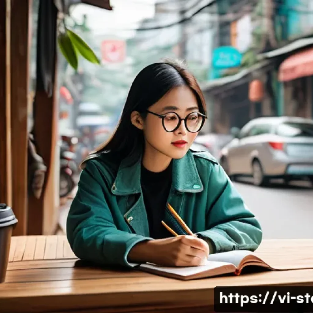스토리텔러 필기 시험의 준비 방법 - A cozy Vietnamese urban café scene in the early morning with a young adult woman sitting at a wooden...