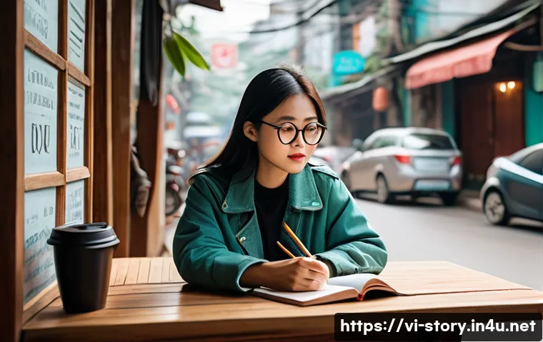 스토리텔러 필기 시험의 준비 방법 - A cozy Vietnamese urban café scene in the early morning with a young adult woman sitting at a wooden...
