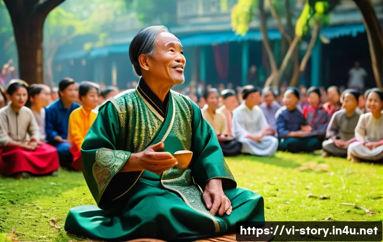 스토리텔러 직업을 선택한 이유에 대한 이야기 - A vibrant scene of a Vietnamese storyteller performing outdoors at a traditional cultural festival i...