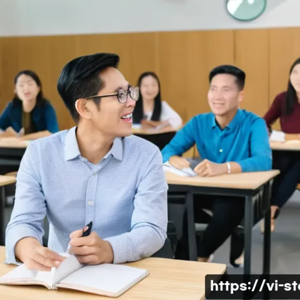 스토리텔러 자격증 취득과 관련된 포럼 리뷰 - A professional Vietnamese storytelling workshop scene in a modern classroom setting, featuring diver...