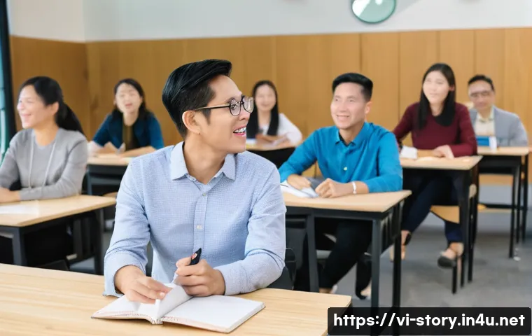 스토리텔러 자격증 취득과 관련된 포럼 리뷰 - A professional Vietnamese storytelling workshop scene in a modern classroom setting, featuring diver...