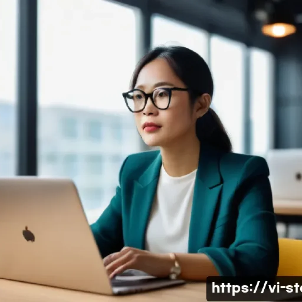 스토리텔러 직무와 관련된 최신 연구 - A professional Vietnamese female marketing storyteller in her 30s, wearing smart casual attire and s...