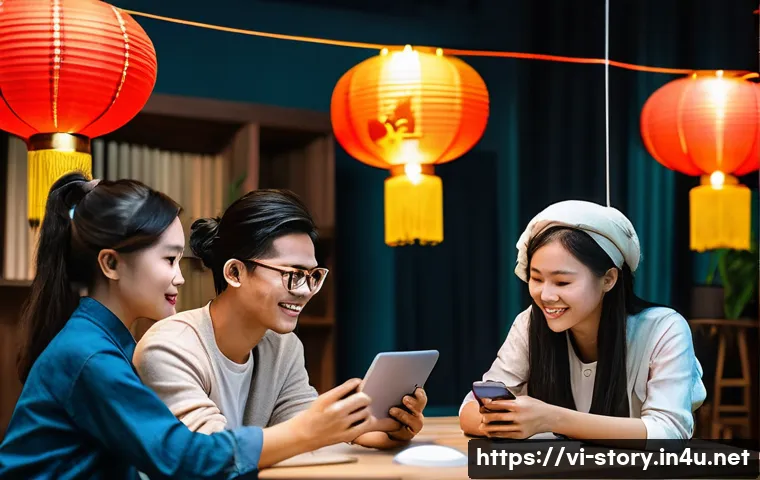 스토리텔러 관련 콘텐츠 시장의 성장 가능성 - A vibrant digital storytelling workshop scene in Hanoi, Vietnam, showing a diverse group of young Vi...