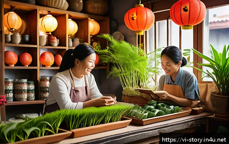 스토리텔러가 해결한 고객 성공 사례 - A warm, inviting Vietnamese small business owner sharing a heartfelt story with a diverse group of c...