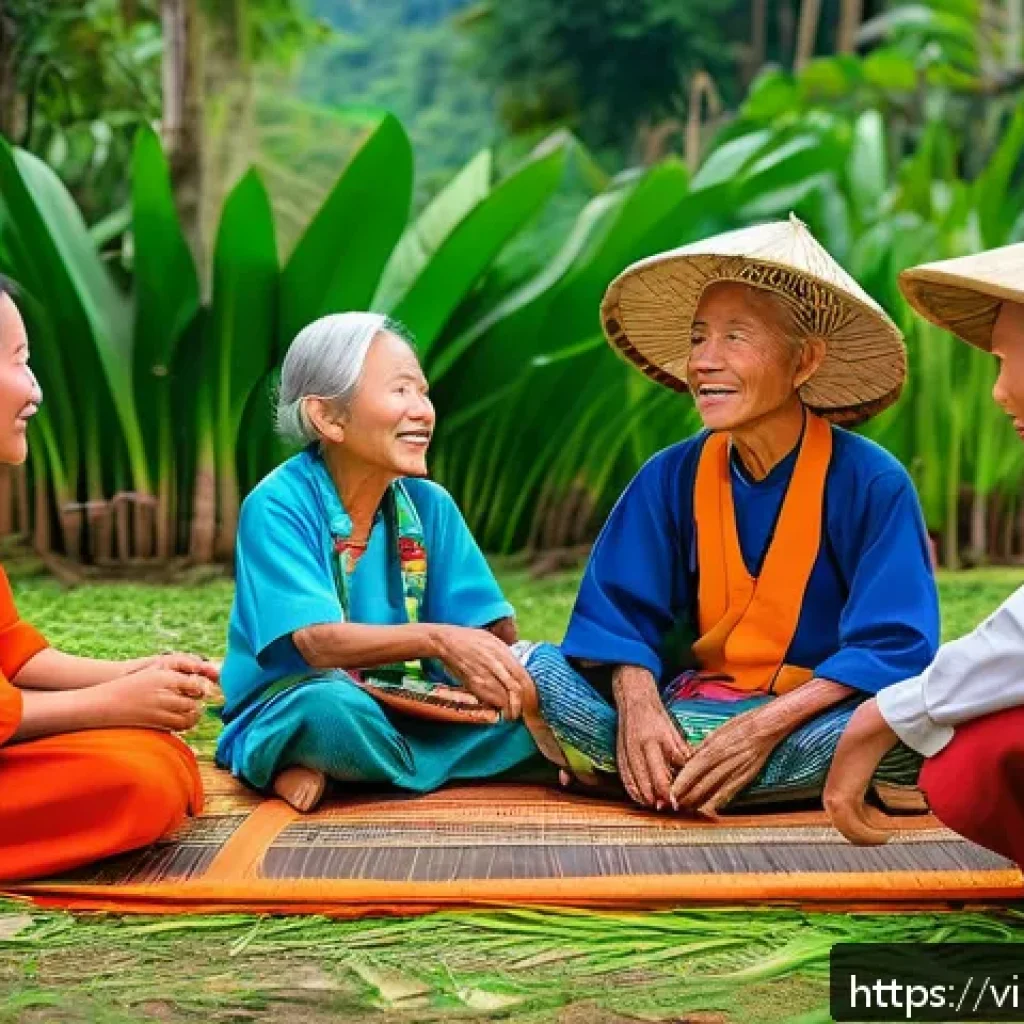 스토리텔러와 스토리텔링의 역사 - A vibrant traditional storytelling scene in a Vietnamese Central Highlands village: an elderly story...
