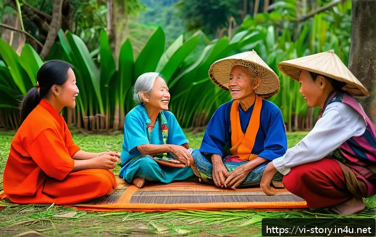 스토리텔러와 스토리텔링의 역사 - A vibrant traditional storytelling scene in a Vietnamese Central Highlands village: an elderly story...