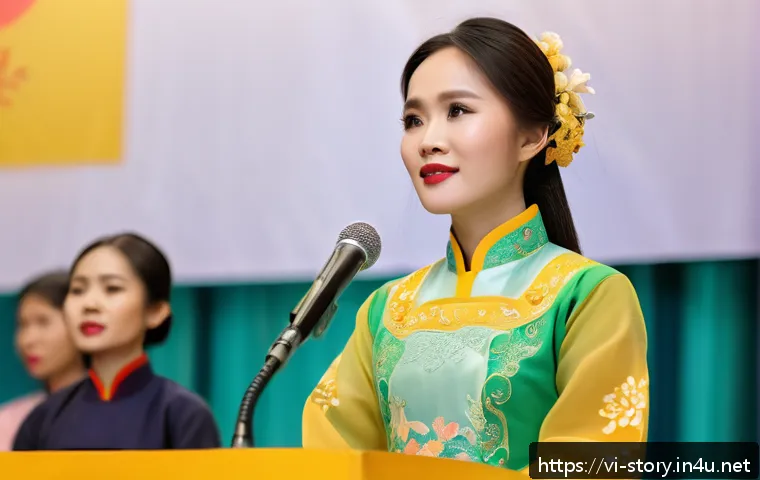 스토리텔러로서 대중 강연을 잘하는 법 - A vibrant scene of a Vietnamese storyteller on stage in traditional Ao Dai, engaging a diverse audie...