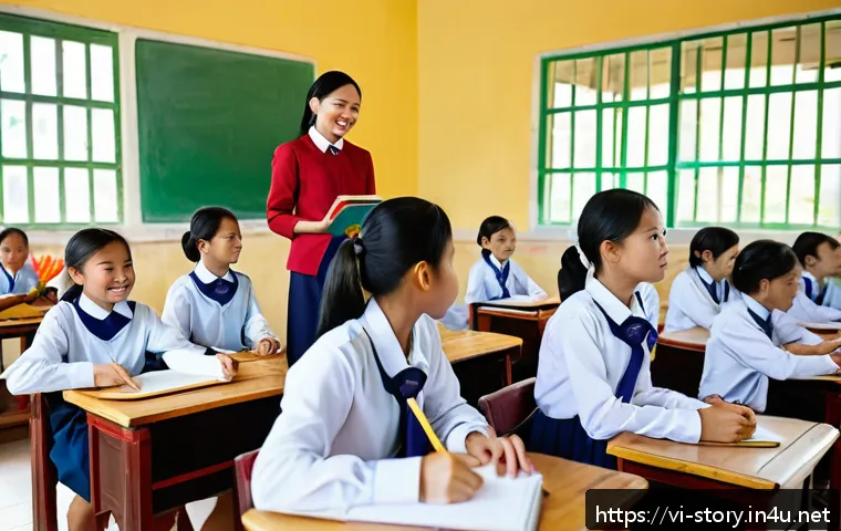 스토리텔러와 교육적 스토리텔링의 결합 - A vibrant classroom scene in Vietnam where a passionate female teacher tells a captivating story to ...