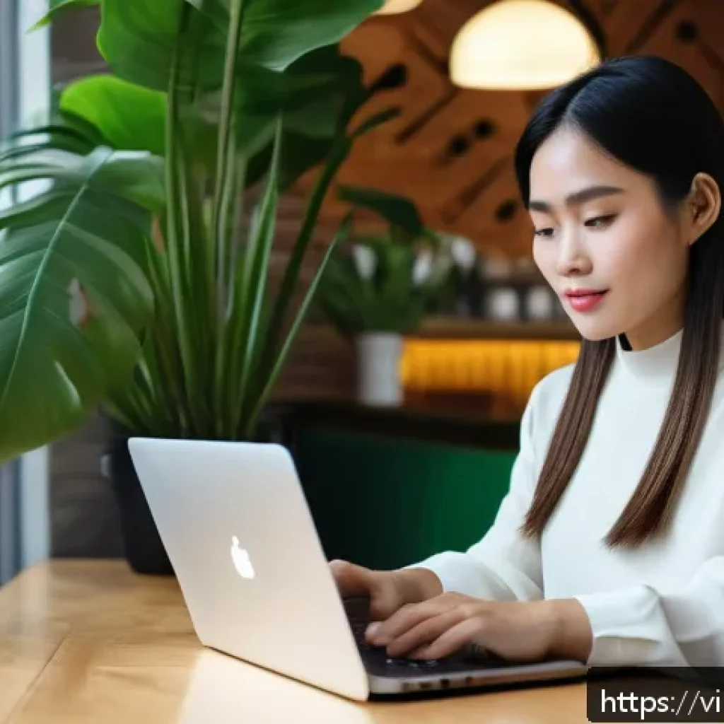 스토리텔러의 고객 니즈 분석법 - A modern Vietnamese woman in her late 20s sitting at a cozy café with a laptop and smartphone, analy...